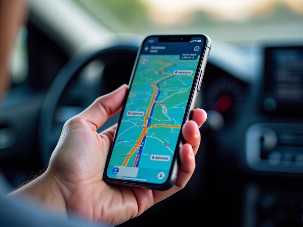 Ruka držící mobilní telefon s mapou a dopravními informacemi.