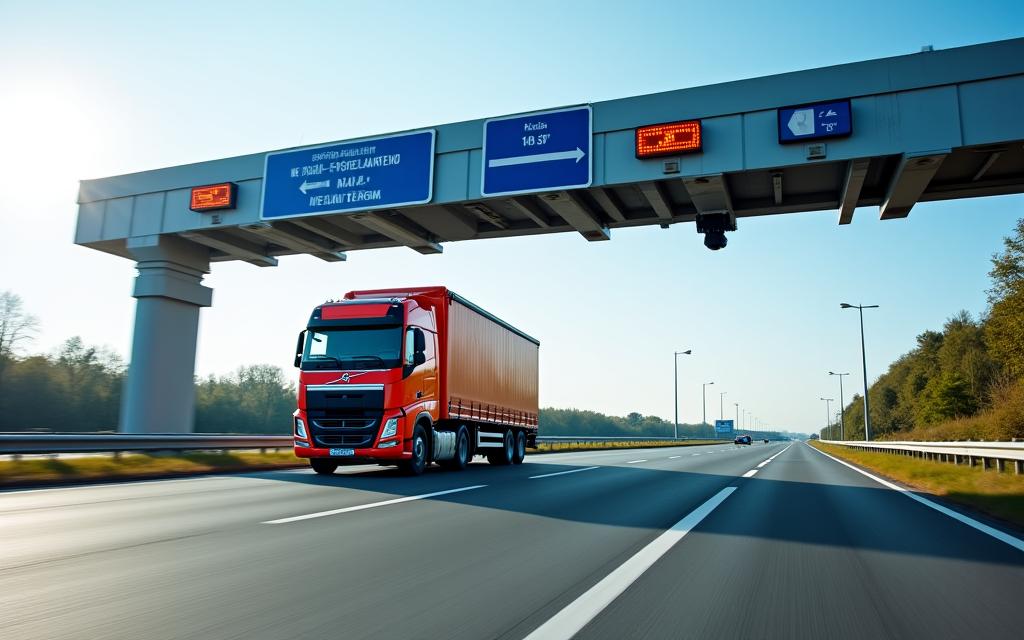 Nákladní automobil projíždějící pod mýtnou bránou na české dálnici.